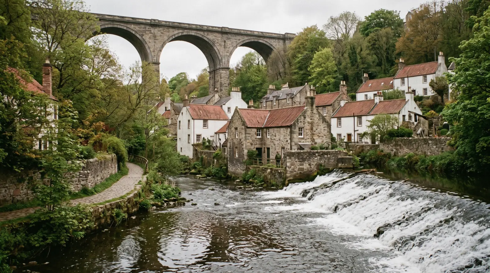 Stone mill buildings and red pantile roofs beside the fast water of the Water of Leith in Dean Village Edinburgh, seen from the footbridge with the high arches of the Dean Bridge above the trees