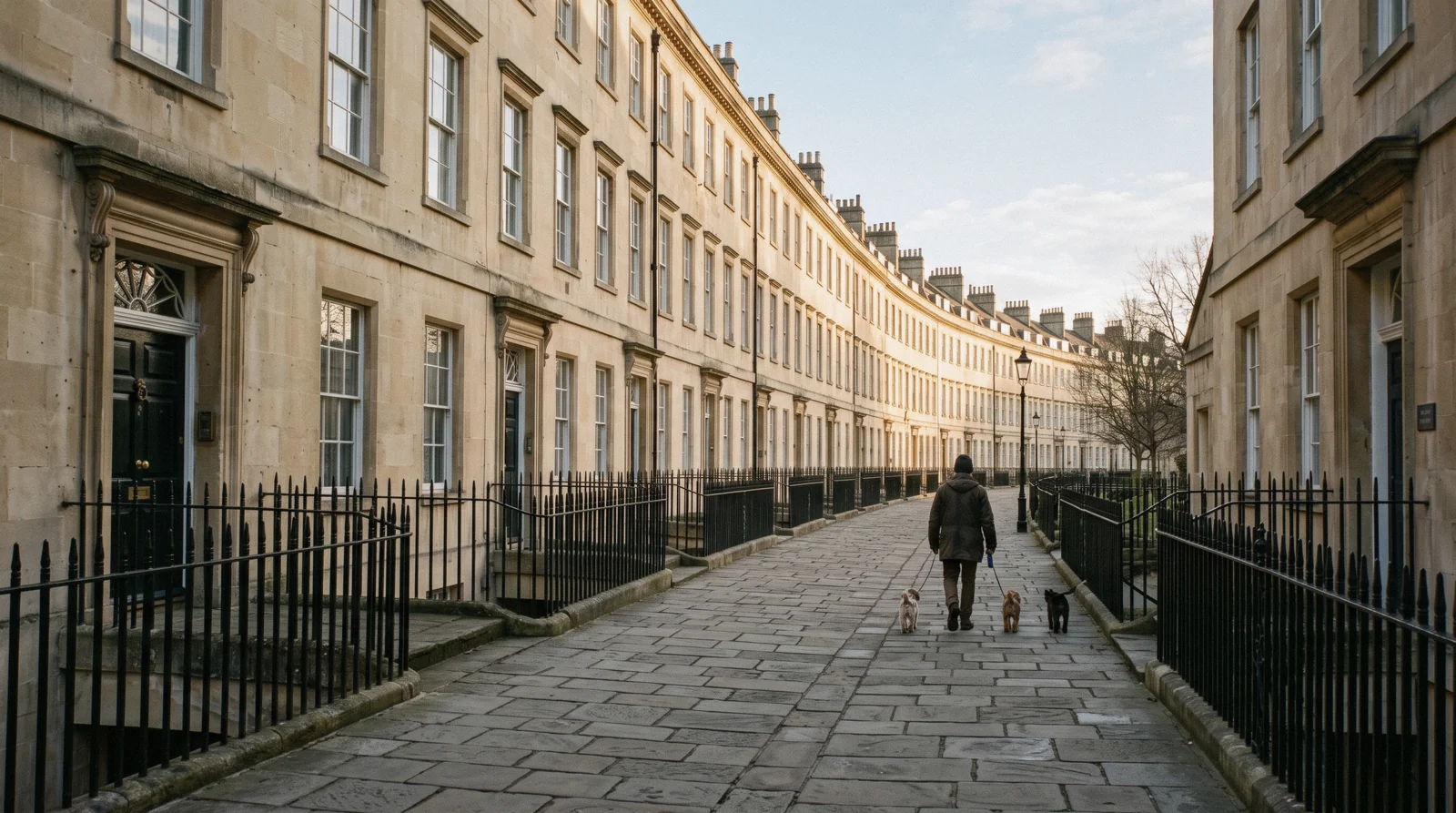 Pale sandstone Georgian terraces and iron railings on a wide street in the Edinburgh New Town on a clear early morning