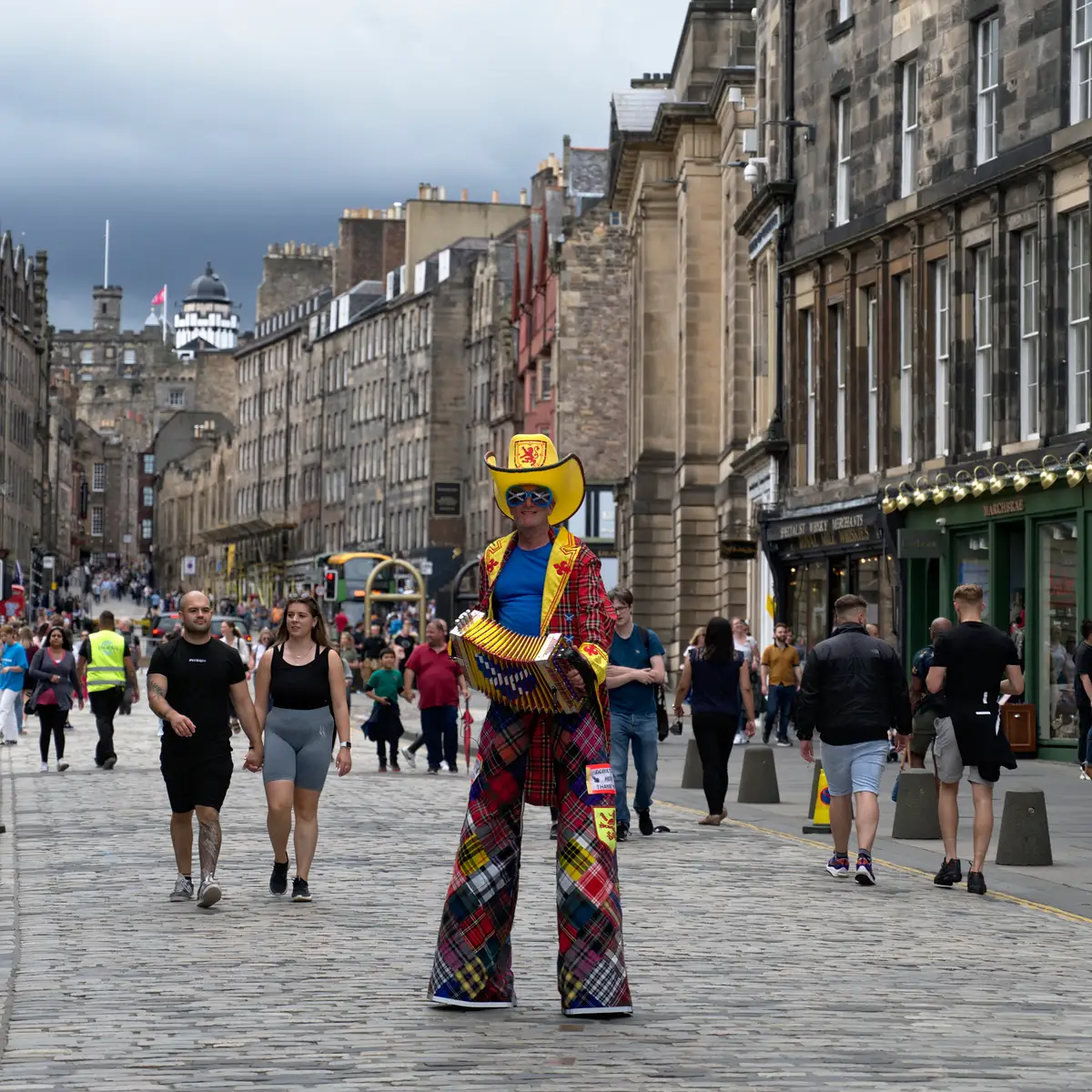 Fringe performers and flyerers packing the Royal Mile in August, the crowd stretching between the tenements